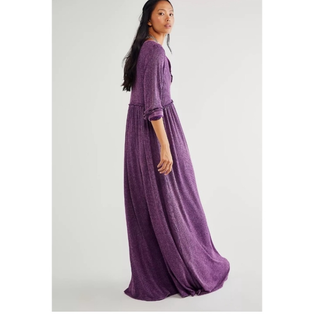Free People Marissa Maxi Dress Whimsigoth Boho Waffle Knit Oversized Purple XS